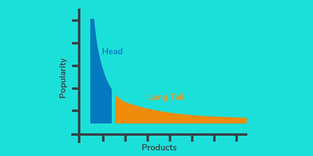 The long tail of the the Internet chart which shows popularity as the head and products as the tail.
