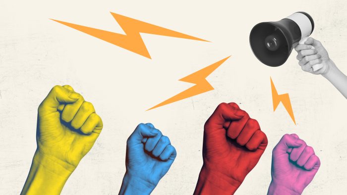 Composite Art 3d Creative Image Collage Of Colorful Hands Show Fist Gesture Propaganda Megaphone Agitation Parade Strike Fake News Lie